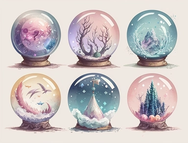 6 magical pastel crystal ball, clipart, pixel art, deep colours, white background, watercolour illustration style, dreamy, clear border around, 8k, intricate detailed , 8k, png