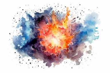 Watercolor, Imagine a fireball galaxy, characterized by its intense bursts of star formation and bright, compact regions clipart, hd, on a white background, spaced out