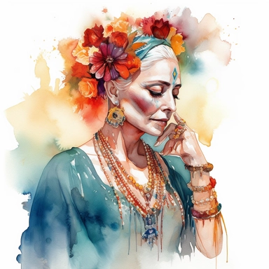 Romantic realistic watercolor of a beautiful older woman , celebrating Dia de Los Muertes, wearing boho jewerly and mexican traditional dress, spiritual,translucent, multi-layered, delicate, bright colors, golden hour, fashion photography, watercolor clipart--no watermarks, no text