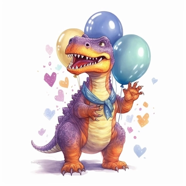 a T-Rex cartoon character holding colorful balloons for a birthday party, glamorous , Gouache, white background with margins, Clipart style
