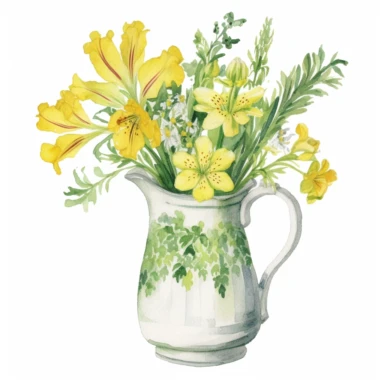 Design a dreamy watercolor clipart of frenchfarmhouse-inspired Asiatic lilies, bells of Ireland, and sunflowers arranged in a vintage-inspired ceramic pitcher composition, hand-painted with soft and graceful brushstrokes. Draw inspiration from the artistic finesse of Ethereal Petals Watercolors for a refined and ethereal depiction. isolated on a white background, hand-drawn illustration, hand-painted watercolor texture, 16k UHD resolution, intricately detailed, sharp focal points, designed by An