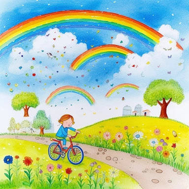 A beautiful children's painting, blue sky, white clouds and rainbows, green lawn flowers, as well as a bicycle. The theme of environmental protection, the painting style of children's crayons, and the coloring and flattening of line drafts ， White background ， Clip Art Style ， Exquisite and magnificent masterpieces ， Quadrilateral continuity ，