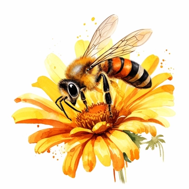 honey bee collecting resting on a flower clipart, on isolated white background, H