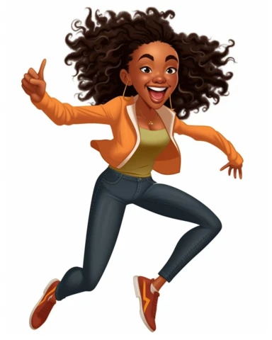 Cartoon ad style happy smiling African American Kelly Rowland black girl magic Norman Rockwell style Clipart Full body shot from head to toe centered Brown skin African American black girl magic Kelly Rowland version with messy bun, the boss lady clipart , vector art image, in the style of feminine interiors, video collages, aquarellist, whitcomb-girls, bright summer colors, kitty lange,