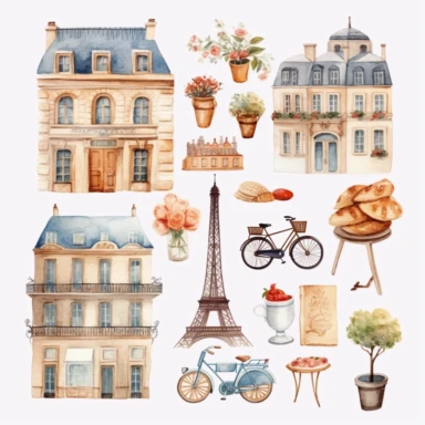 20 Digital stickers, sticker bundle, paris, city items, plain background, watercolor illustration, clipart, aesthetic, realistic