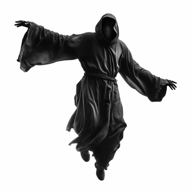 DEATH APPARENT IN BLACK CLOTHES WITHOUT A FACE FLYING SCARY CLIPART ON A WHITE BACKGROUND