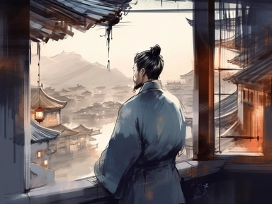 Through the back of a man in ancient costume with a hair bun, outside the window is a bustling ancient Chinese street. soft illumination, Impressionism style, Traditional Chinese Ink painting, Clipart, no background, trending in Artstation