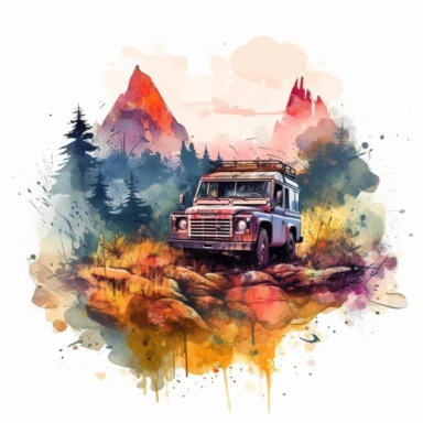 water color offroad floral advventure car 4*4 vehicle truck between high mountains and trees, vivid colors, sunset, clipart, hd, white background