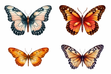 half side of butterfly, svg clipart with different variations in positions, on white background, spaced out