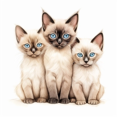 3 fuzzy Siamese kittens, color pencil sketch on a white background for clipart