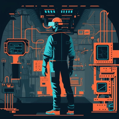 worker wearing vr headset, man, standing in an assembly plant, gauges, coding, vr developer, virtual reality, poster, simplistic, abstract, vector, 2d illustration, clipart, few colors