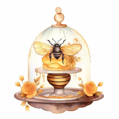 whimsical watercolour clip art honey cupcake under a glass dome with bee decorations