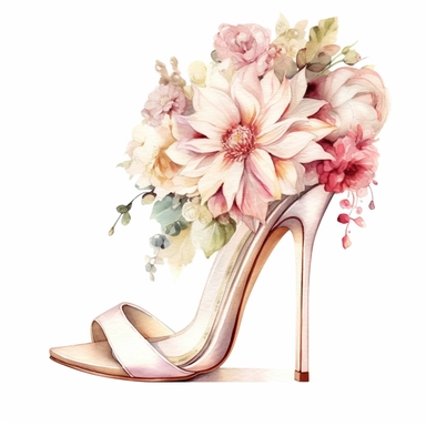 watercolor clipart of high heels with a blend of ivory, white and pink, decorated with bridal flowers and jewels, colored pencil drawing, good composition, vector, contour, isolated white background, 16k