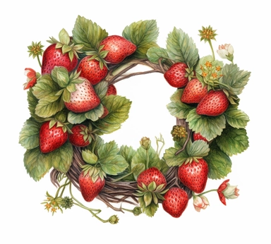 realistic burnished watercolored pencil strawberry wreath clipart, detailed, on white background, spaced out