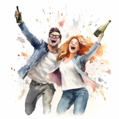 excited COUPLE, popping a bottle of champagne, toasting to their new life together, watercolor, Pixar style, Clipart on a white background