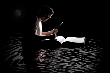 white silhouette on black background of a man in a canoe writing in a notebook, wideshot, on water, gentle ripples beneath, minimalistic, clipart, logo, website logo, simple design, lofi