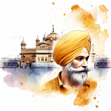 a clipart of a ultra detailed watercolor Guru Nanak with the Sikhism Harmandir Sahib, the Golden Temple of Amritsar as background, v4 ar 2:3