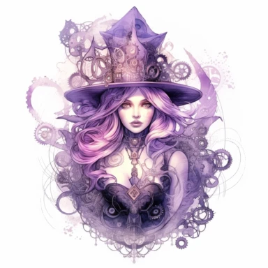 witch card , in the style of mystic mechanisms ,pencil art illustrations, Isolated white background, reimagined by industrial light and magic, lith printing, illusory images, watercolor clipart, very subtle purple tones, , ,