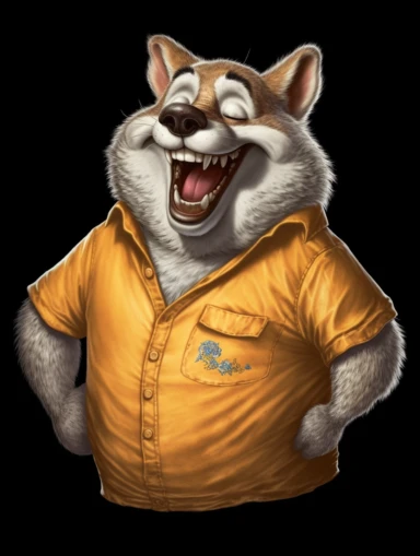 Obese wolf with smiley t-shirt. Clipart-style. High detailed. Color contrast. Super-Resolution