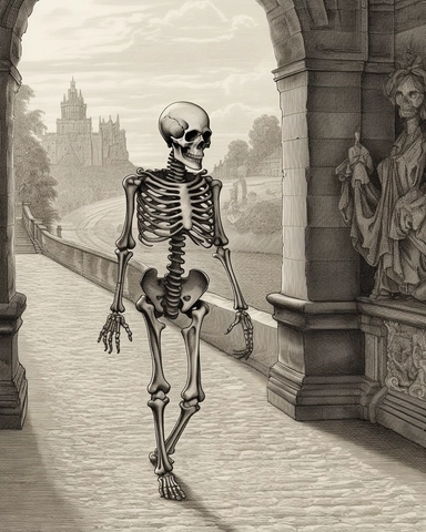 a drawing of a skeleton walking and talking, 1880–1950, epic fantasy scenes, witchcore, in the style of 15th century, clipart, medievalist, biblical art