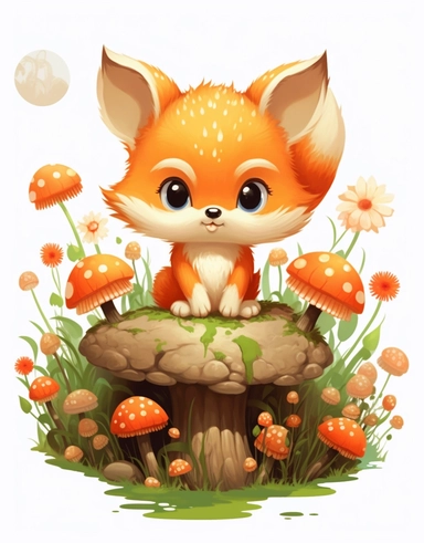 kawaii baby fox clipart, in the style of surrealist botanical, forced perspective drawings, shilin huang, beige, bulbous, group material, pigeoncore