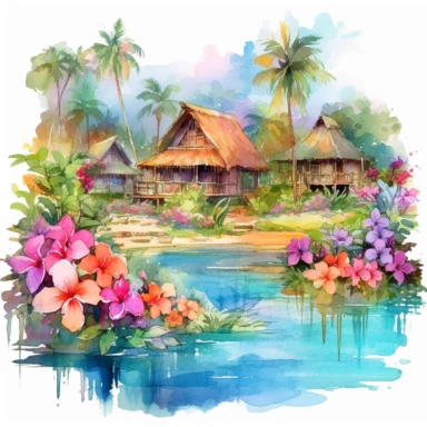 A watercolor illustration of a tropical village with thatched-roof huts and vibrant flowers blooming everywhere clipart style