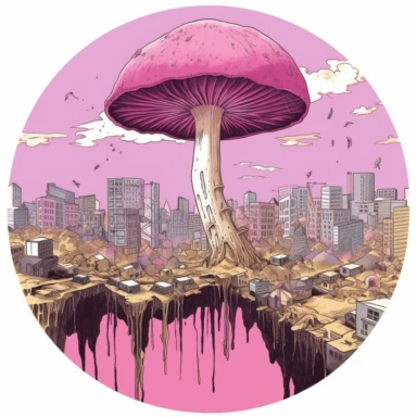 clipart illustration of giant mushrooms, looming over a city, rounded and broken, pink, high detail, 8K, vector
