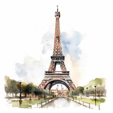 Eiffel Tower - Paris, France, clip art, aquarelle, white background, clean, neat