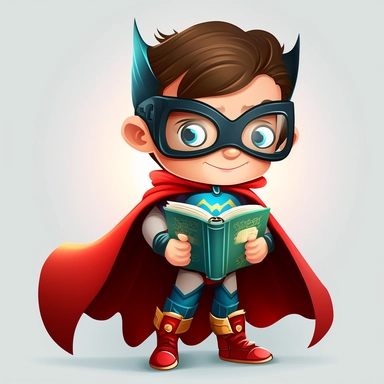 full body happy, smiley and cute little superhero boy with eye mask and cape, looking directly at the camera, with a book in his hand, in clipart style