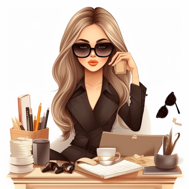 Planner Girl Clipart, Boss Babe, Illustration, Girl Boss Clipart, beauty therapist, lash artist, make up artist, illustration, realistic, Boss Lady, fashion, modern women, entreprenuer, Boss Lady, Female Entrepreneur, Business Women, Asian women, light brown hair wearing heels, Loui Vuiton bag and sun glasses, sitting on a desk with computer and mobile phone