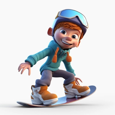 cute young boy snowboarding , smiling, full body, downhill snowboard clipart, Sport graphics, 8k polished, isolated on white background, 3d, rendered by pixar