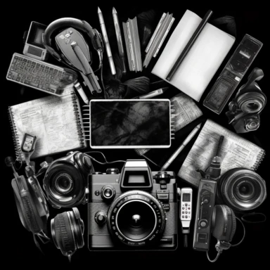 black and white clip art collage of camera, film camera, film, notebook, script, laptop, microphone, headphones on black background