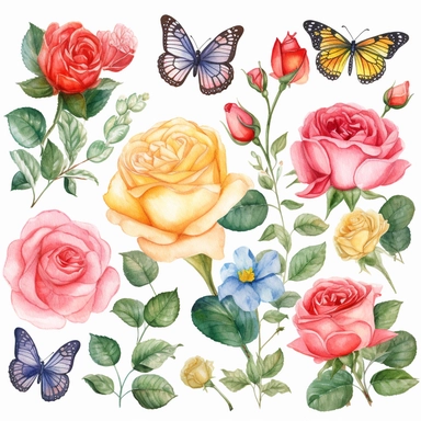 Draw a set of whimsical-style, watercolor-style clip art images that feature various types of roses in different colors and stages of blooming and garden-related objects, Watercolor rose Garden Clipart, the setting must be floral wonderland with feminine spring-colored clipart, Perfect for mothers Day. roses in wall hanging, garden furniture, birds, butterflies and bees around roses, roses in flower pots, roses in flower boxes, roses growing in watering cans, garden benches, water fountain surro