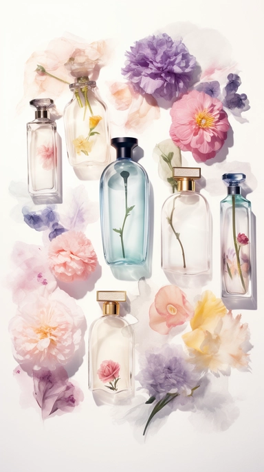 watercolor illustration. clipart. different shape of pastel perfume bottles with variation randomly placed on a white soft background. flowers. roots. sophisticated. made entirely out of different types of flowers and perfume bottles standing tall against a white background. The image is designed as a poster. perfect for printing and sharing with friends and family. knolling