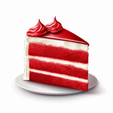 Design a clipart image of a red velvet cake white background. Depict a moist and velvety red-colored cake layered with cream cheese frosting, creating a visually striking dessert.
