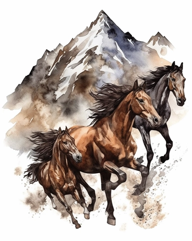 Watercolor painting style, Wild horses galloping in mountains clipart, vintage, wyite background