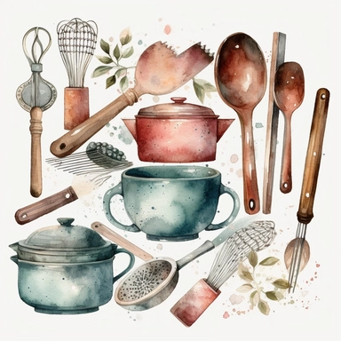 watercolor vintage cooking utensils clipart no background, 4K