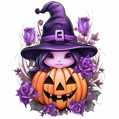 Spooky Cute halloween sublimation, Purple color Clipart, below are some flowers, and the head is cap, isolated on a white background,high quality design and Summons will be a pumkin,