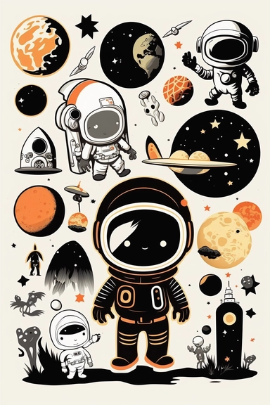 Outer Space Clipart, planets, astronaut, spaceship, ufo. black thin traceout, white background