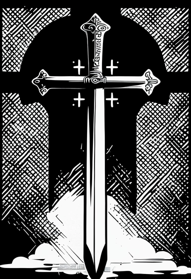 clip art of Christian Cross turning into a sword, black and white, white background, only design, no watermark, simple design, clip art, outline, silhouette