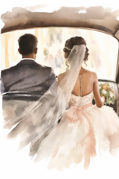 realistic watercolor drawing of dark skinned bride wearing veil and dark skinned groom leaving wedding in a car clipart, view of the back, in style of Michiel van Huysum, subtle faded color variations, hyper-detailed hd clipart, on white background, spaced out