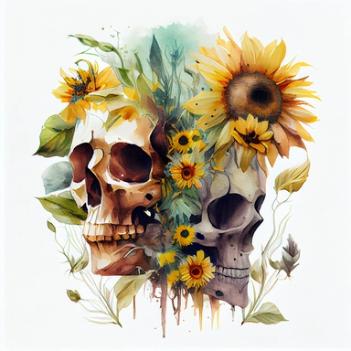 Skull with sunflowers ( Skull: divided into 2 parts along the vertical axis, half is sunflower, half is 1/2 skull), Watercolor Clipart, details
