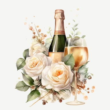 white beige rose border with leaves, champagnes bottle wedding, mystical, beautiful, white background, single clipart, halloween element, Sparkling ,watercolor
