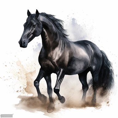 A clipart that shows a majestic black horse in a graceful pose on a white background. The horse's body is elegantly curved to emphasize its beauty and grace. It may be standing on a slight hill or in an idyllic landscape. The water colors give the clipart a soft and flowing look. The colors can be soft and pastel to create a calm atmosphere. Use different shades of blue for the background to create a natural water or sky look. The contours of the horse are subtle and well defined to clearly show