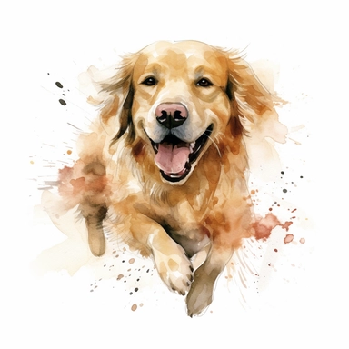 a moving golden retriever, happy smiling face, cute animal, adorable, playful atitude, adorable watercolor animal clipart, no background, high quality and very sharp image with clear focus
