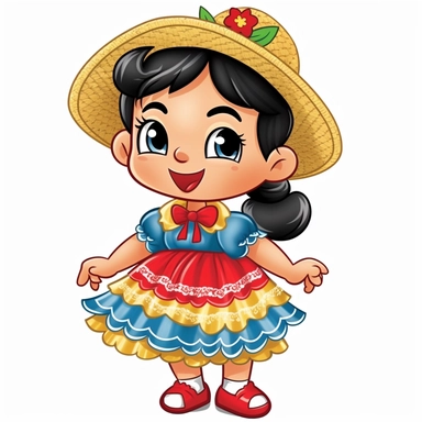 a cute blond little girl dressed for a brazilian junina party, with a blue and yellow flowing dress, braids in her hair, red shoes, happy, Monica's gang style, Graphics Maurício de Sousa, digital art, big eyes, cartoon, clipart , country girl from festa junina from brazil cute drawing white background