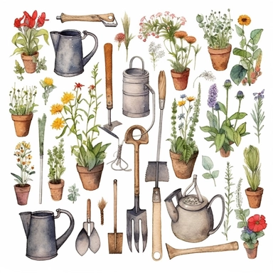 basic watercolor garden tools spaced in minimal hand drawn style, Etsy, textured, clipart, white background