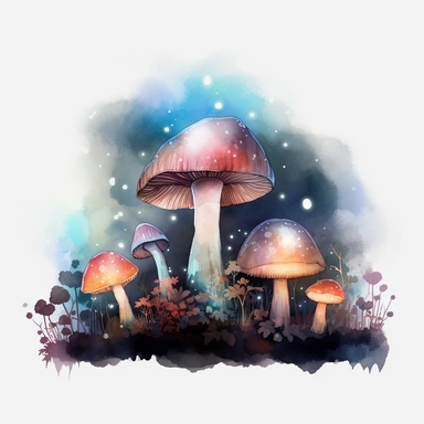 different types of fantasy mushrooms glowing in a dark forest, glowing bush, colorful fog, floating sparkles, in style of watercolor clipart, white background, high detail, 4k