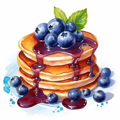 blueberries, watercolour, clipart, high quality, blueberry pancakes, with syrup, on plate