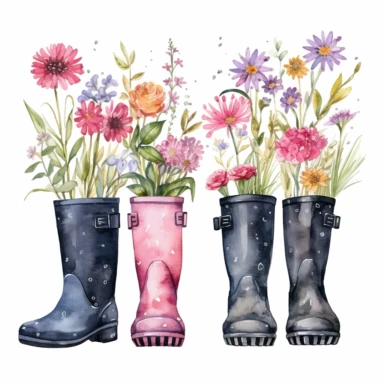 watercolor, Flowers in rubber wellies set. Floral branches, plants with gentle blooms, and leaves in gum boots. Gumboots with delicate summer bouquets png Full body realistic cartoon in 32K UHD cute. 15 cm thick outline. Black color. There was no shadow on the ground. 8k with realistic watercolors and detailed illustrations. PNG clipart, transparent white background